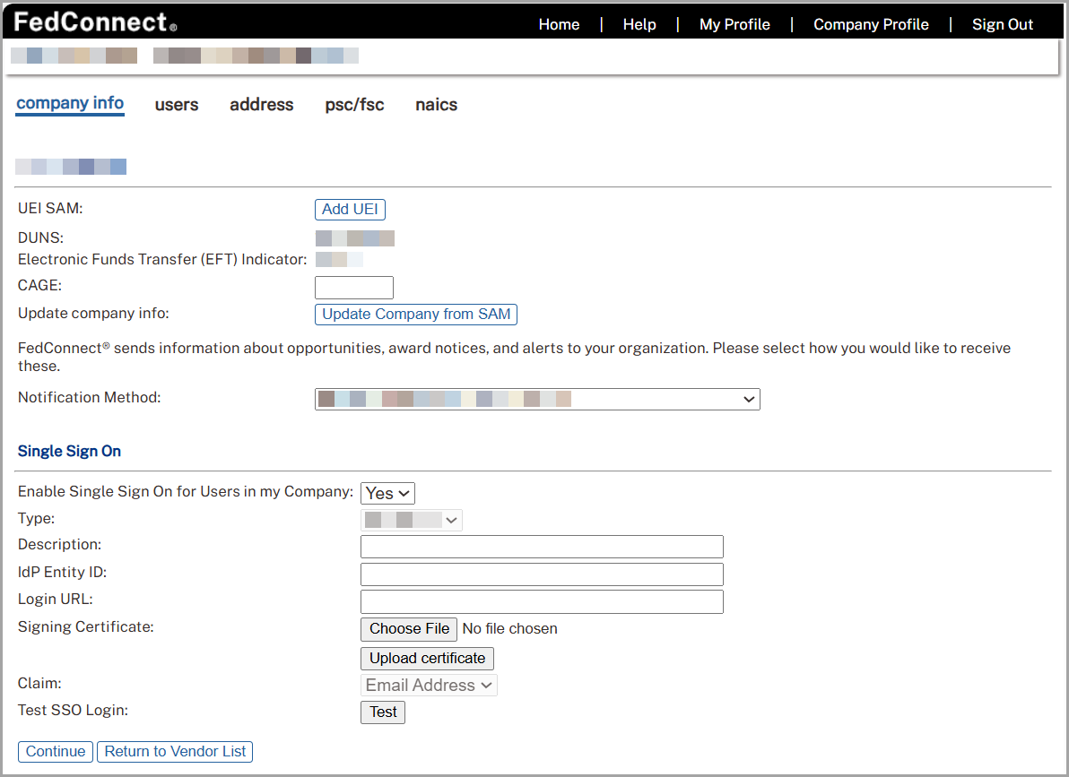 Single Sign On Section on the Company Info Page